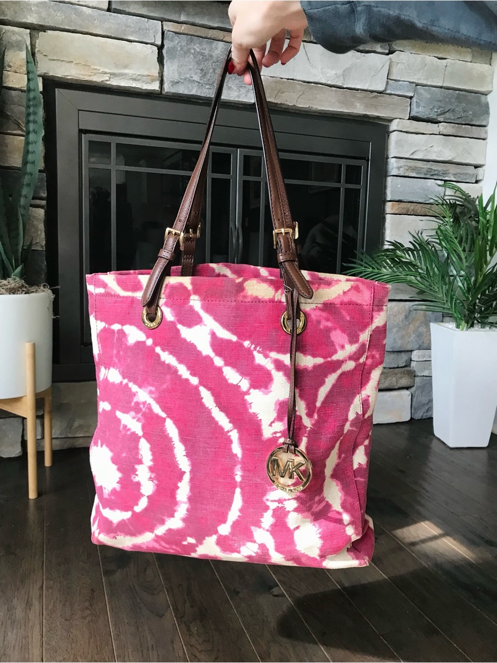Michael Kors Pink and Cream Tie-Dye Canvas Tote